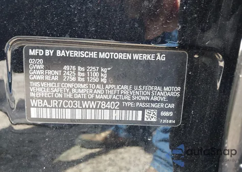 2020 BMW 530I xDrive from USA, damaged, VIN WBAJR7C03LWW78402